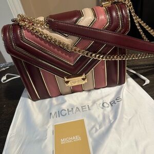 Michael Kors Whitney Leather Shoulder Bag Color Block Gold Pink Burgundy